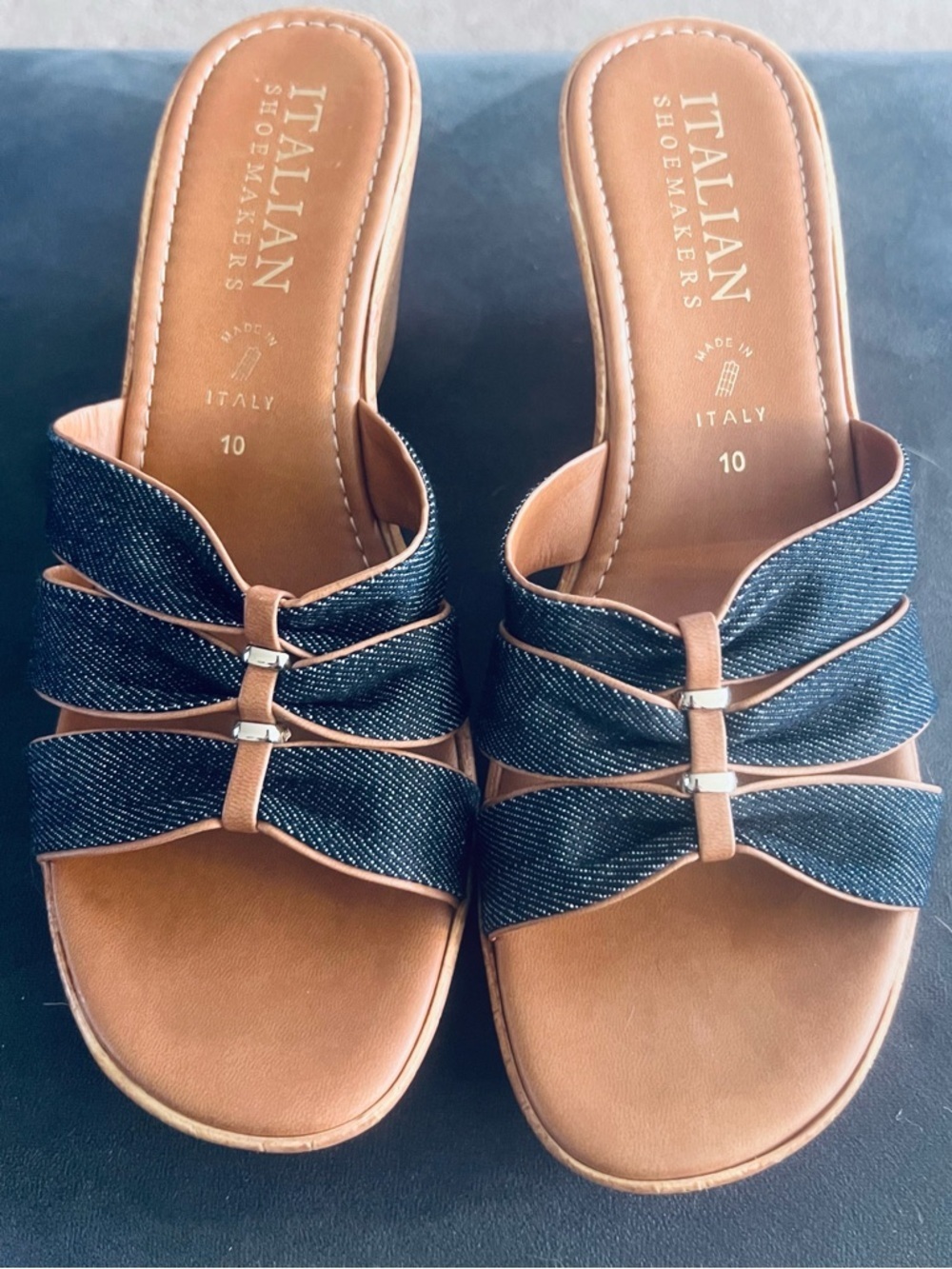 Italian Shoemakers Navy Denim and Tan Wedge Sandals/10 - Picture 5 of 8